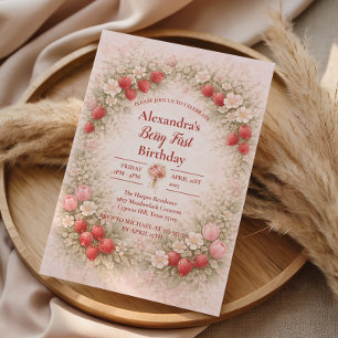 Blush Strawberry Vintage Garden 1st Birthday Invitation