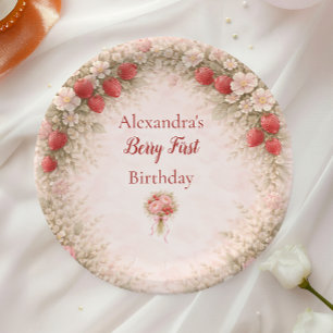 Blush Strawberry Vintage Garden 1st Birthday Paper Plate