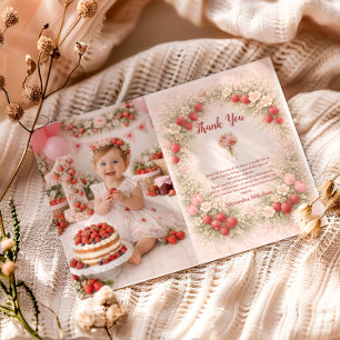 Blush Strawberry Vintage Garden 1st Birthday Thank You Card