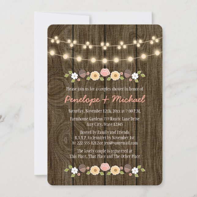 Blush String of Lights Fall Rustic Couples Shower Invitation (Front)