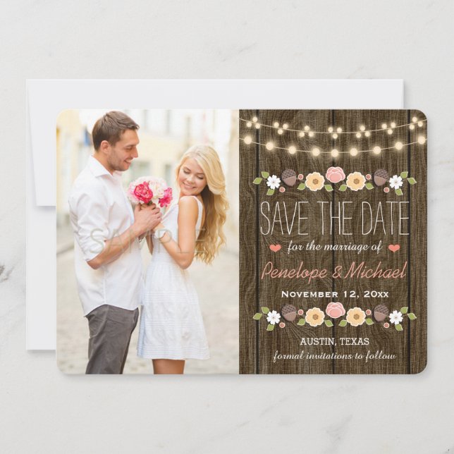 Blush String of Lights Rustic Save the Date Card (Front)