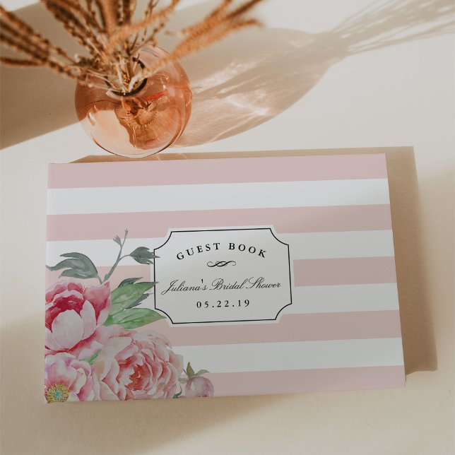 Blush Stripe & Antique Peony Bridal Shower Guest Book (Creator Uploaded)