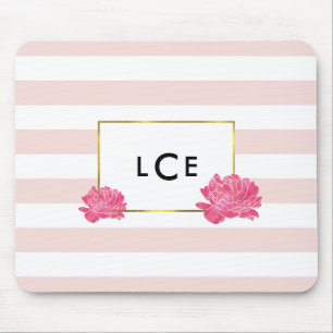 Blush Stripe & Pink Peony Monogram Mousepad