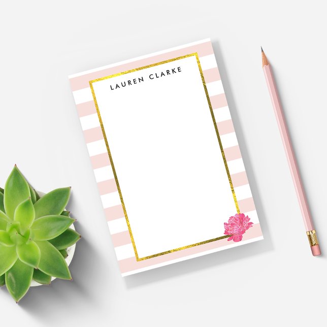Blush Stripe & Pink Peony Personalised Post-it Notes (Creator Uploaded)