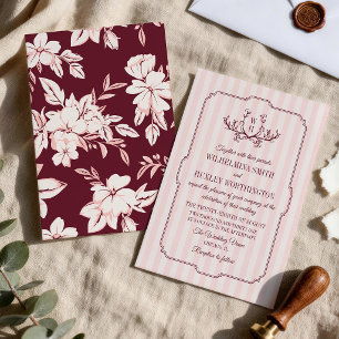 Blush Stripes Burgundy Greenery Monogram Wedding Invitation