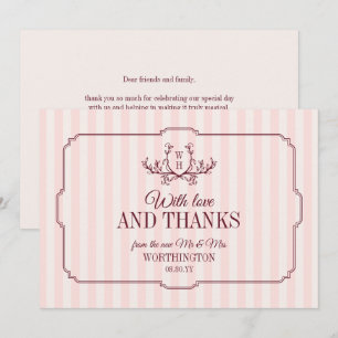 Blush Stripes Burgundy Greenery Monogram Wedding Thank You Card