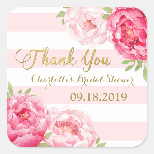Blush Stripes Gold Pink Floral Bridal Shower Square Sticker (Front)