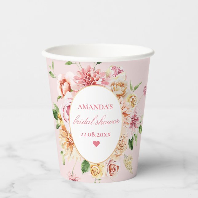 Blush Summer Floral Romantic Bridal Shower Paper Cups (Front)