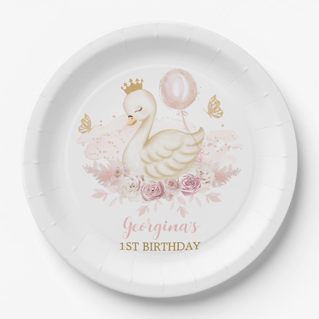 Blush Swan Princess with Balloon & Butterflies Paper Plate (Front)