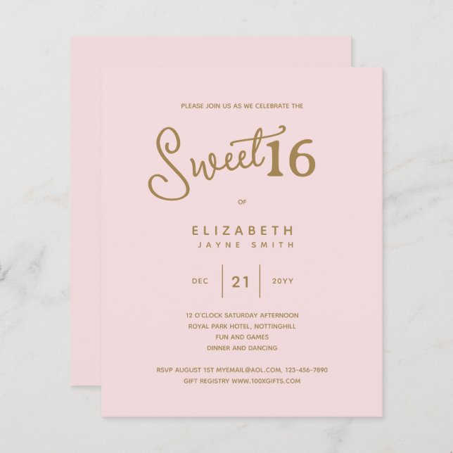 Blush SWEET 16 Modern Elegant Budget Birthday (Front/Back)