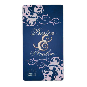 Blush Swirl Rose Gold Jewelled Blue Wine Label