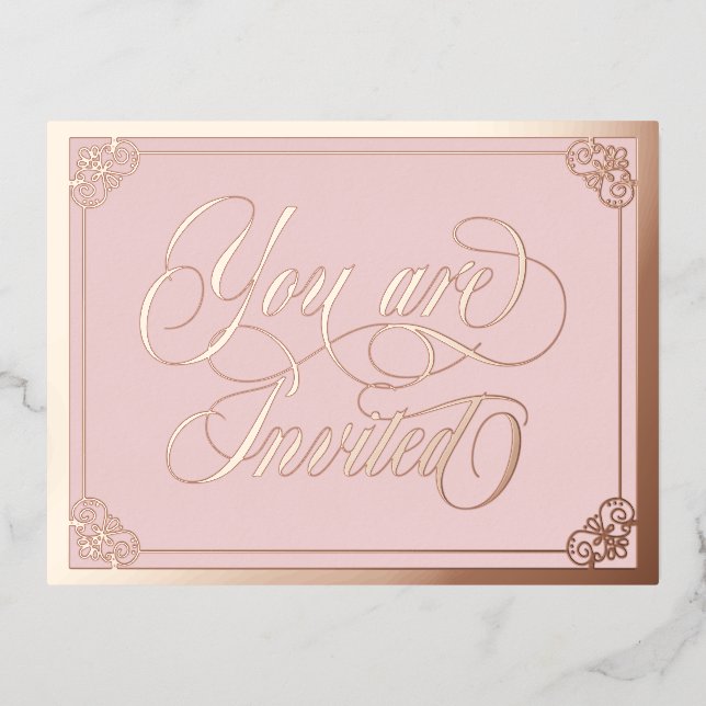 Blush Swirly Ornate You Are Invited Wedding Foil Invitation Postcard (Front)