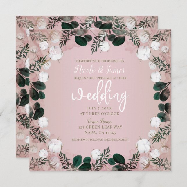 Blush Taupe Cotton Floral Greenery Rustic Wedding Invitation (Front/Back)