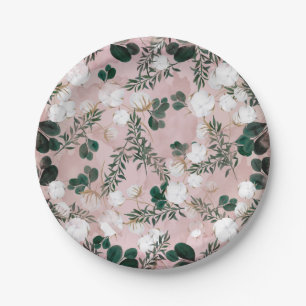 Blush Taupe Cotton Floral Greenery Rustic Wedding Paper Plate