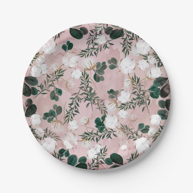 Blush Taupe Cotton Floral Greenery Rustic Wedding Paper Plate (Front)