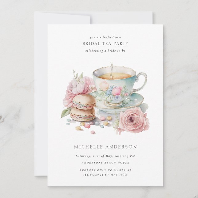 Blush Tea Cup Macaroons QR Code Bridal Shower Invitation (Front)