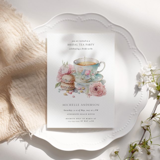 Blush Tea Cup Macaroons QR Code Bridal Shower Invitation (Creator Uploaded)