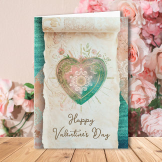 Blush Teal Baroque Sacred Heart Happy Valentines Card