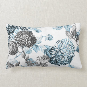 Blush Teal Black & White Botanical Floral toile Lumbar Cushion