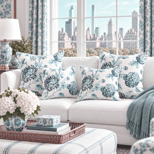Blush Teal Blue Botanical Floral Toile No.2 Cushion