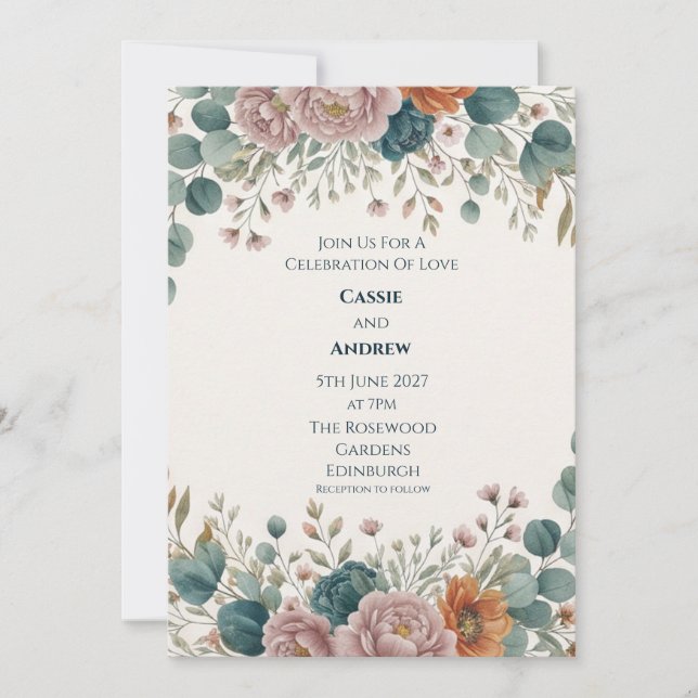 Blush Teal Floral Wedding Invitation (Front)