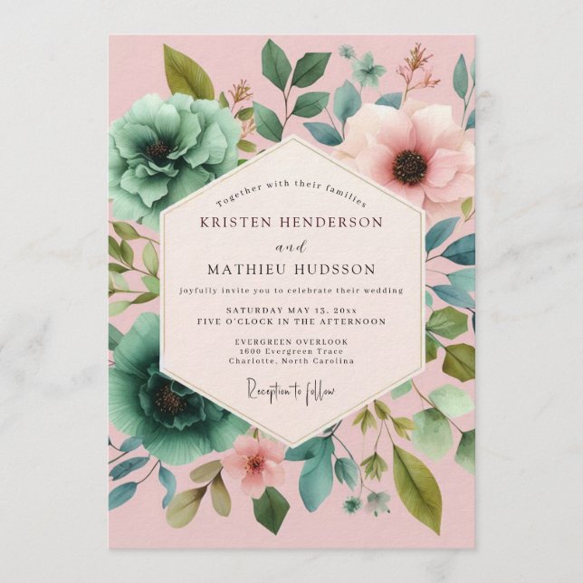 Blush Teal Painterly Flora Wedding Invitation (Front)