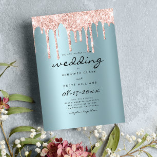 Blush teal rose gold glitter drips script wedding invitation