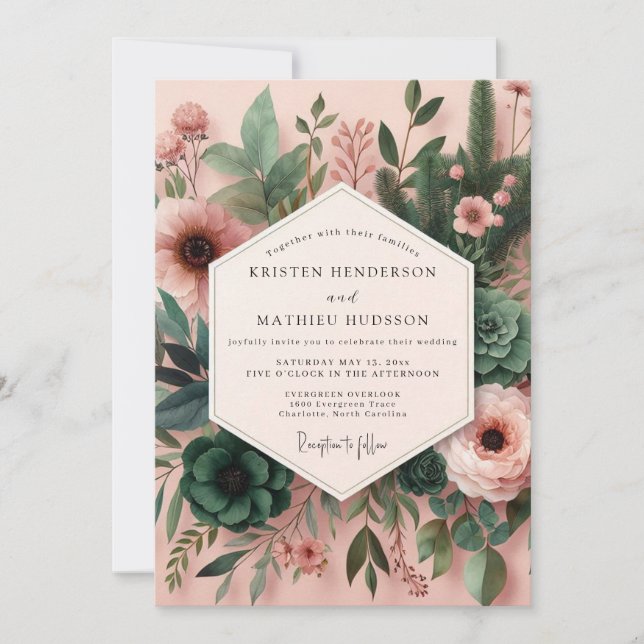 Blush & Teal Succulent Wedding Invitation (Front)