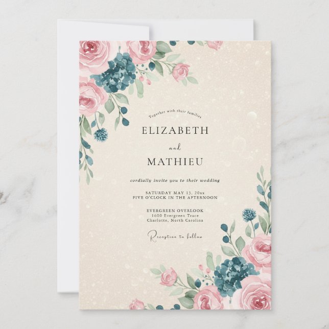 Blush Teal Watercolor Wedding Invitation (Front)