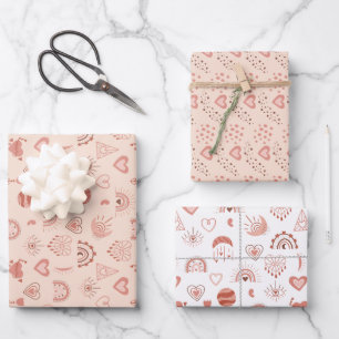 Blush   Terracotta Boho Heart Themed Pattern Wrapping Paper Sheet