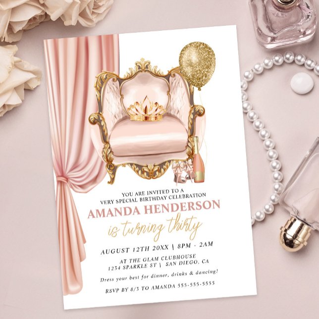 Blush Throne, Crown and Champagne Women's Birthday Invitation (Creator Uploaded)