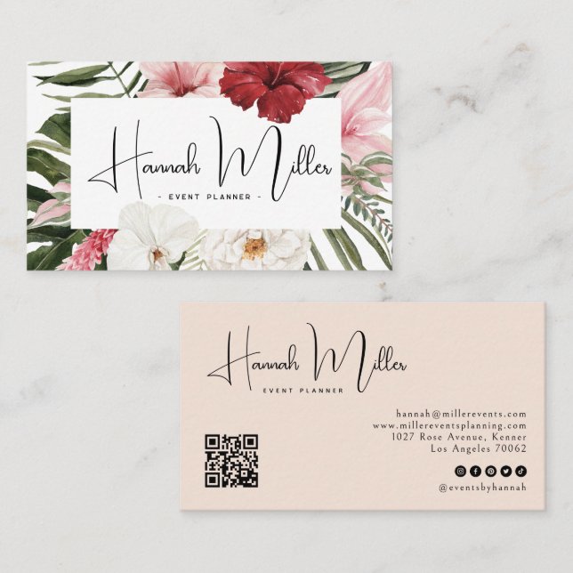Blush | Tropical Floral Palms QR Code  Business Card (Front/Back)