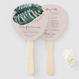 Blush Tropical Leaf Monstera Palm Wedding Program Hand Fan