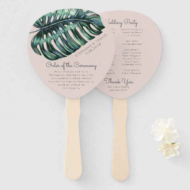 Blush Tropical Leaf Monstera Palm Wedding Program Hand Fan (Front and Back)