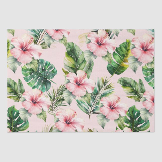 Blush Tropical Leaves Pink Hibiscus Flowers Tissue Paper (Front)