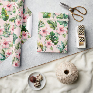 Blush Tropical Leaves Pink Hibiscus Flowers Wrapping Paper