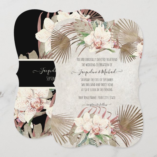 Blush Tropical Orchid Floral Palm Foliage Black Invitation (Front/Back)