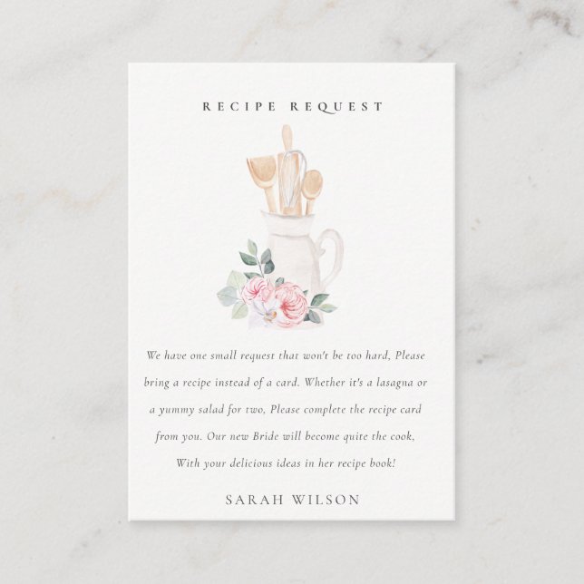 Blush Utensils Floral Recipe Request Bridal Shower Enclosure Card (Front)