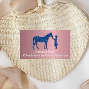 Blush Velvet Metallic Girl with Horse Blue Glitter Business Card
