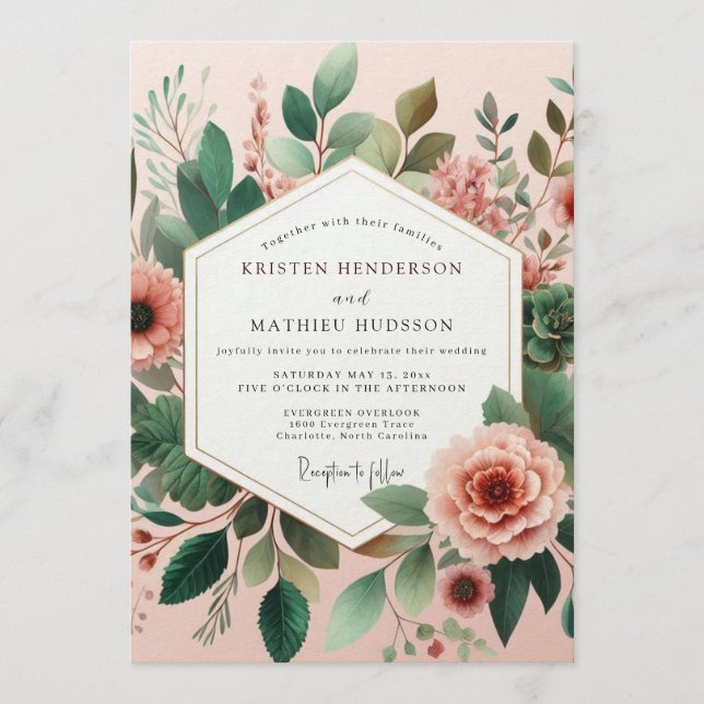 Blush Verdant Bloom Wedding Invitation (Front)