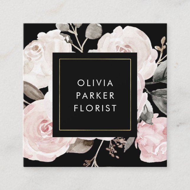 Blush Vintage Watercolor Roses on Black Square Business Card (Front)