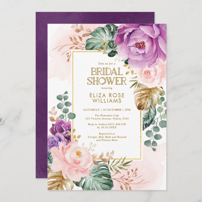 Blush Violet Tropical Bohemian Chic Bridal Shower Invitation (Front/Back)