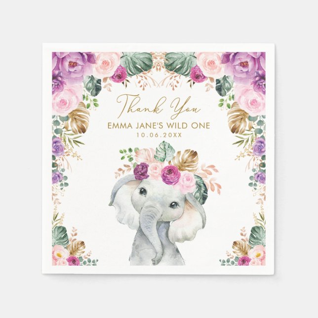 Blush Violet Tropical Jungle Elephant Wild One Napkin (Front)