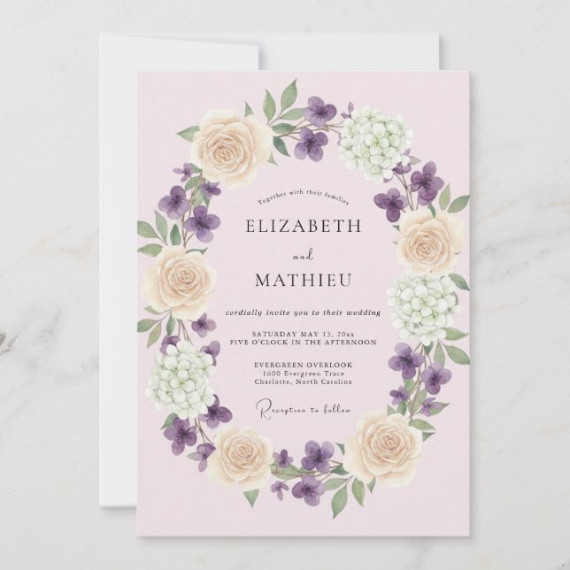 Blush Violet Wreath Wedding Invitation (Front)
