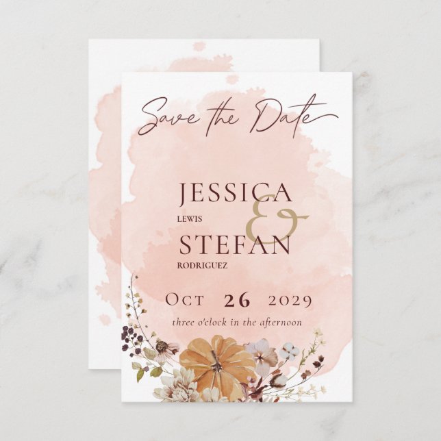 Blush Watercolor Autumn Modern Wedding Save The Date (Front/Back)
