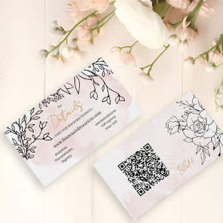 Blush Watercolor & Black Floral Modern QR Wedding  Enclosure Card