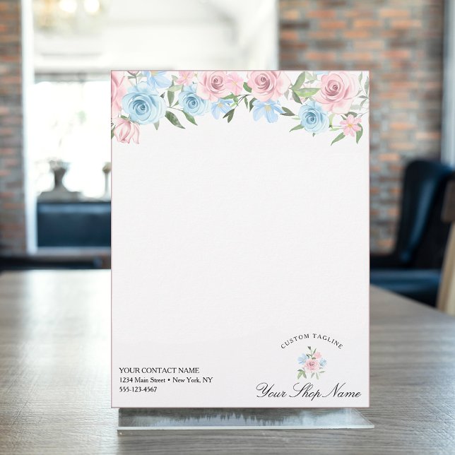 Blush watercolor blue & pink roses, Business name  Custom Letterhead (Creator Uploaded)