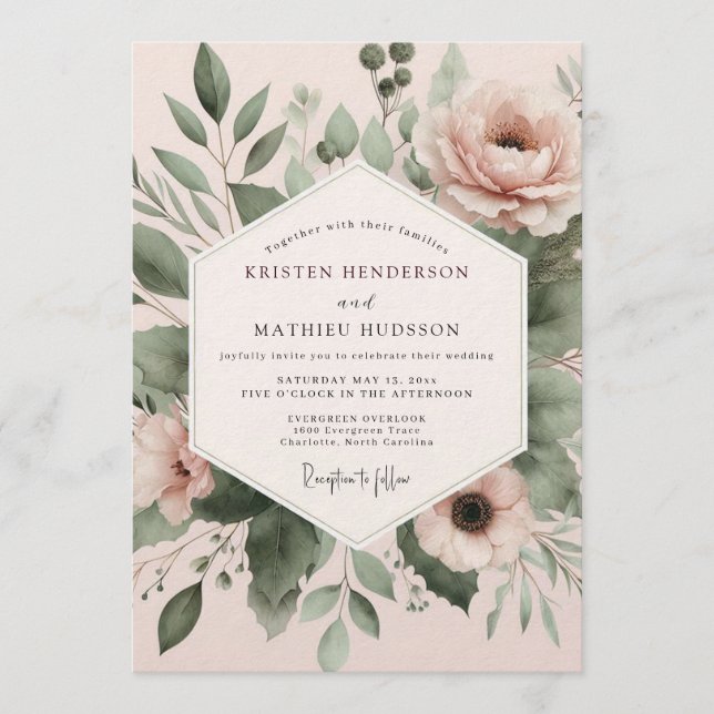 Blush Watercolor Botanical Wedding Invitation (Front)
