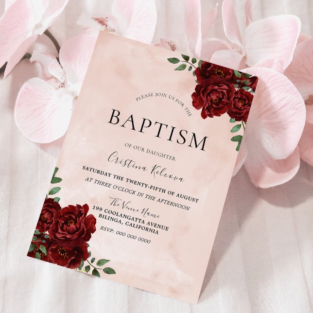 Blush Watercolor Burgundy Red Rose Baptism Invitation (Creator Uploaded)
