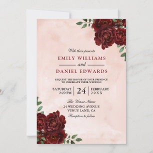Blush Watercolor Burgundy Red Rose Wedding Invitation